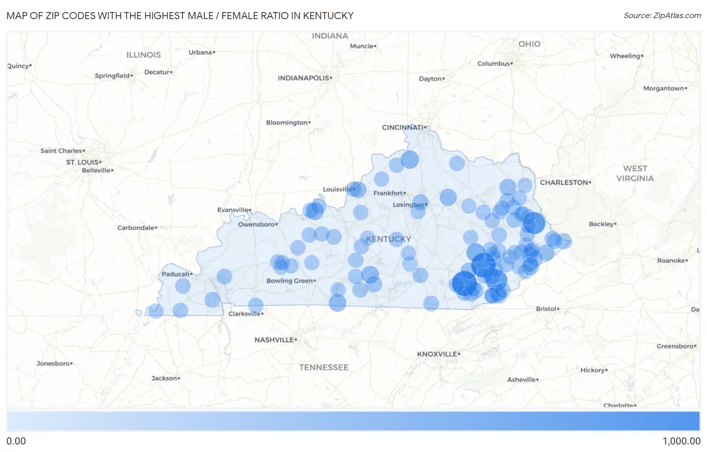 Zip Codes with the Highest Male / Female Ratio in Kentucky Map