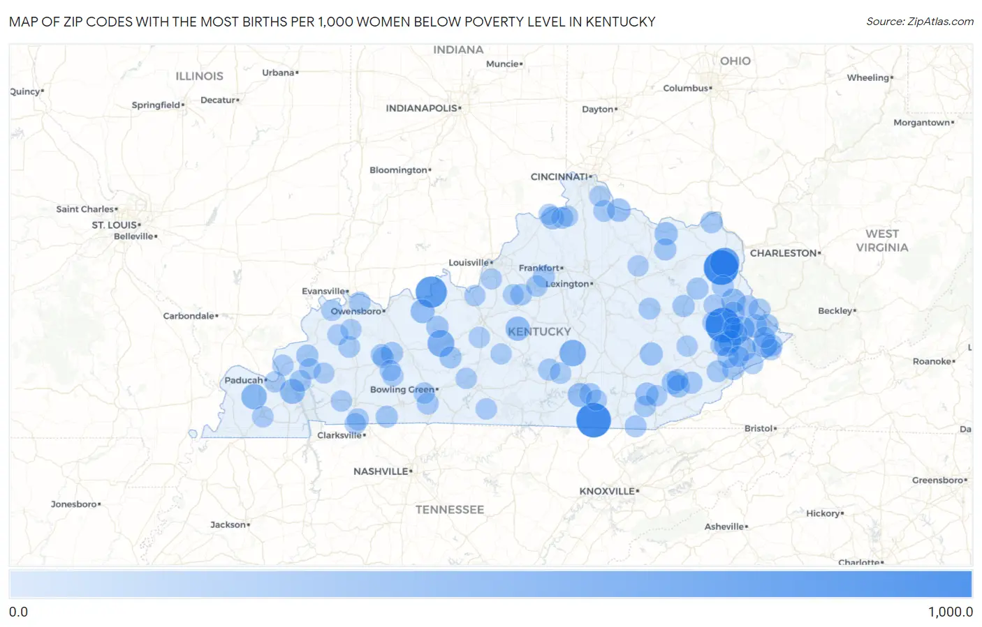 Zip Codes with the Most Births per 1,000 Women Below Poverty Level in Kentucky Map