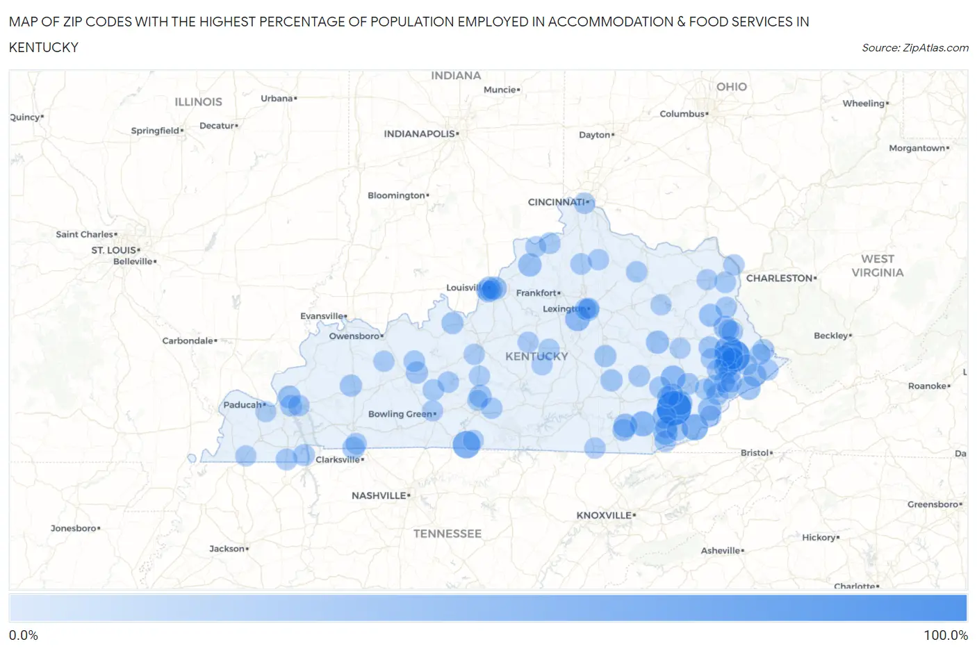 Zip Codes with the Highest Percentage of Population Employed in Accommodation & Food Services in Kentucky Map