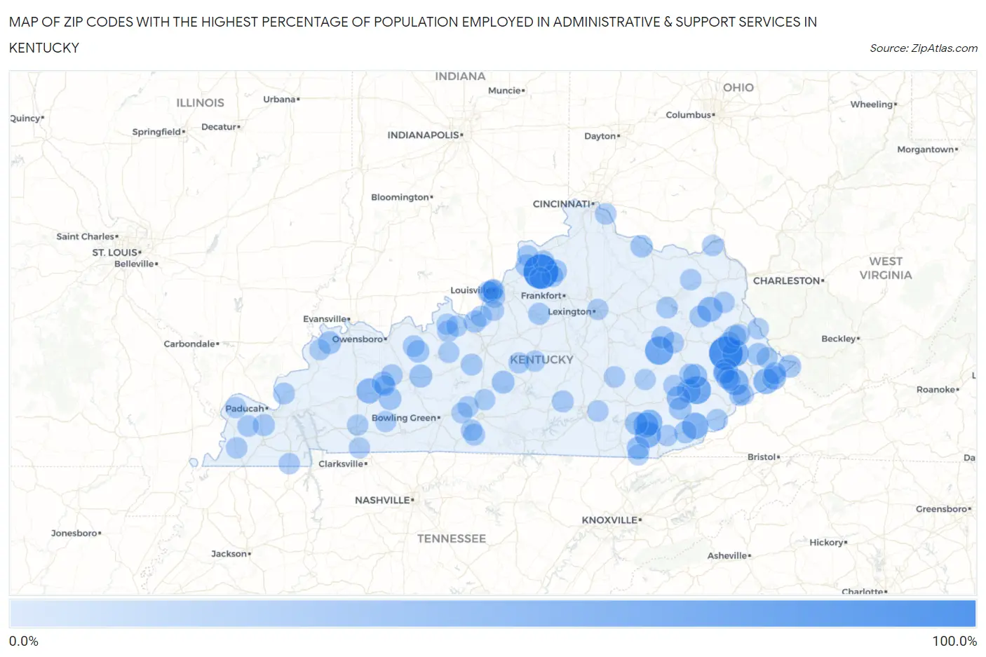 Zip Codes with the Highest Percentage of Population Employed in Administrative & Support Services in Kentucky Map