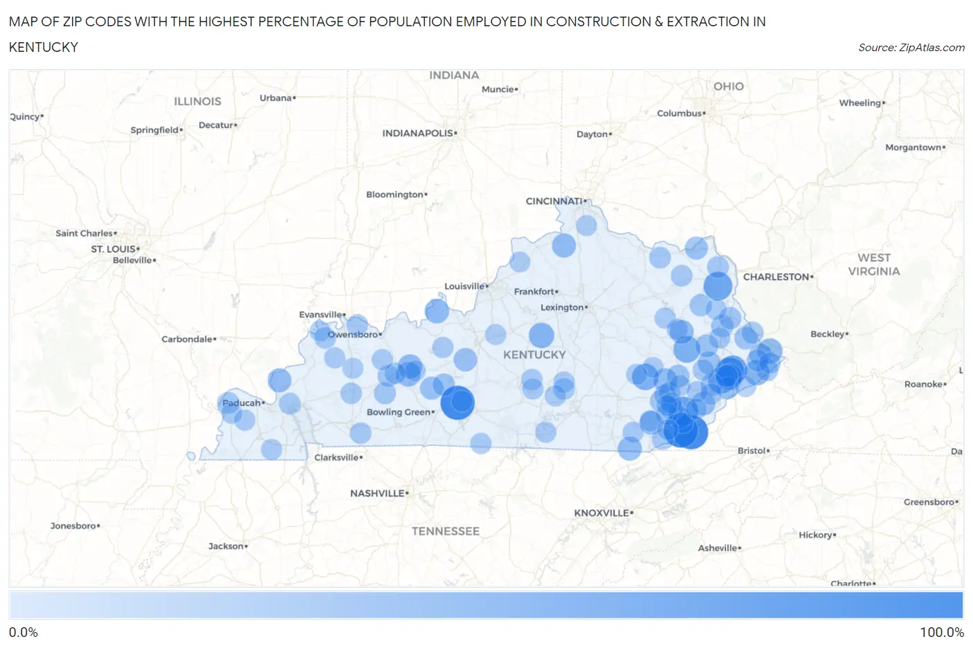 Zip Codes with the Highest Percentage of Population Employed in Construction & Extraction in Kentucky Map