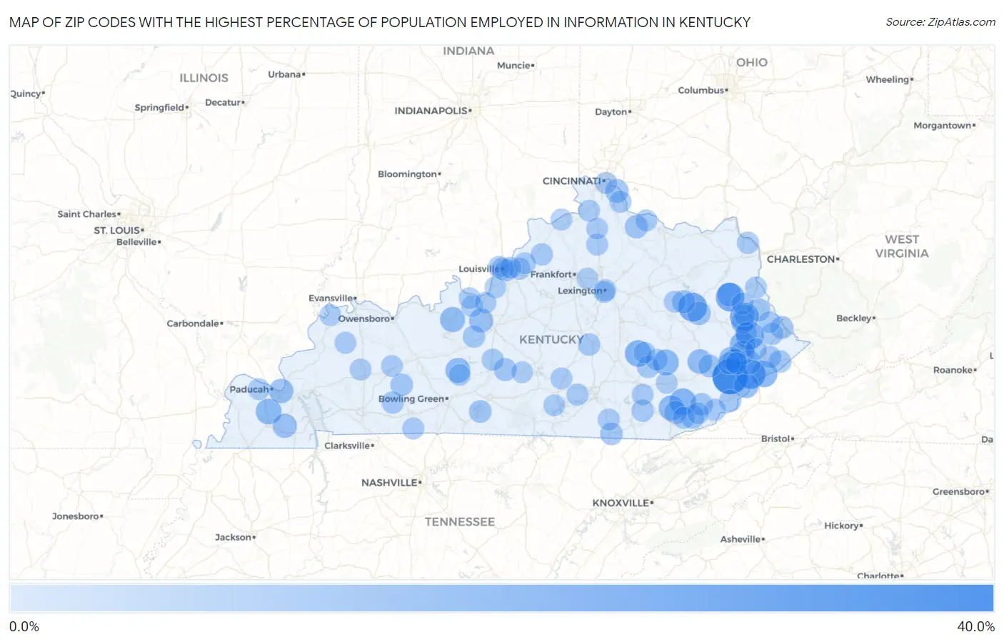 Zip Codes with the Highest Percentage of Population Employed in Information in Kentucky Map