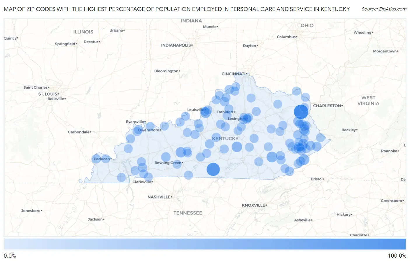 Zip Codes with the Highest Percentage of Population Employed in Personal Care and Service in Kentucky Map