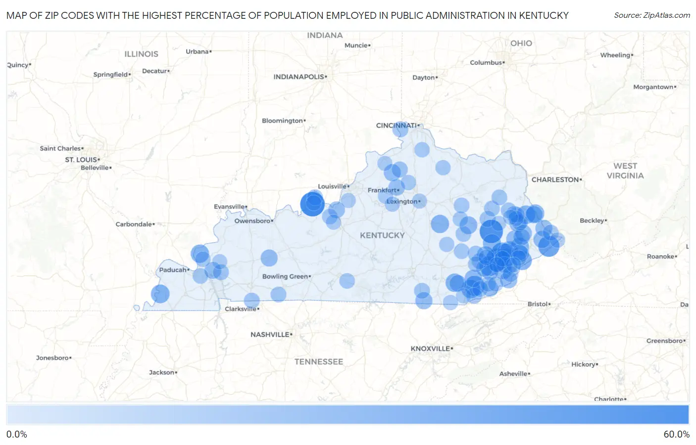 Zip Codes with the Highest Percentage of Population Employed in Public Administration in Kentucky Map