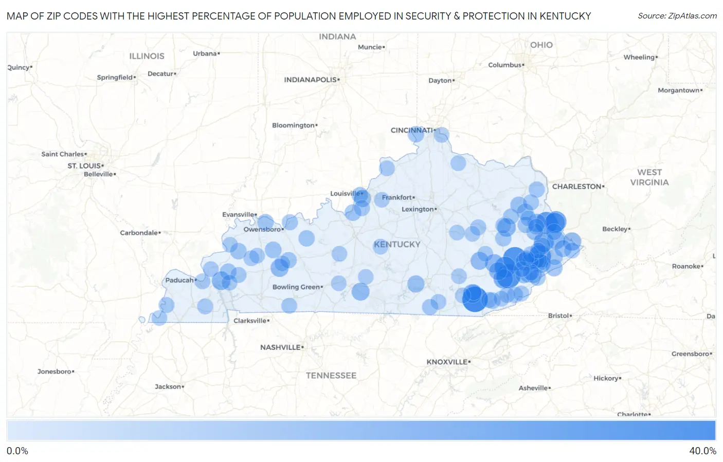 Zip Codes with the Highest Percentage of Population Employed in Security & Protection in Kentucky Map