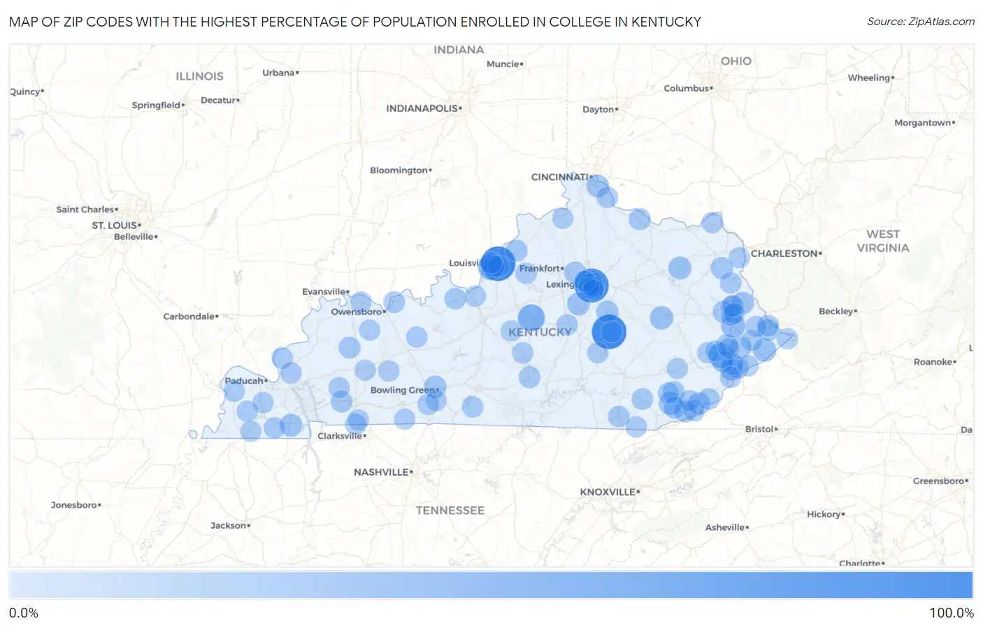 Zip Codes with the Highest Percentage of Population Enrolled in College in Kentucky Map