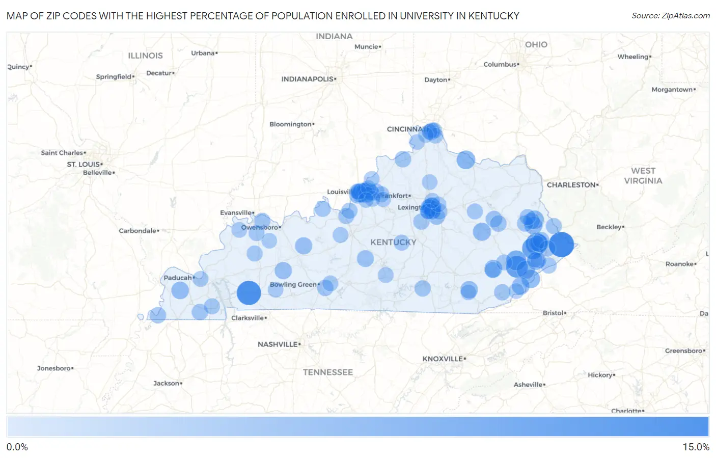 Zip Codes with the Highest Percentage of Population Enrolled in University in Kentucky Map