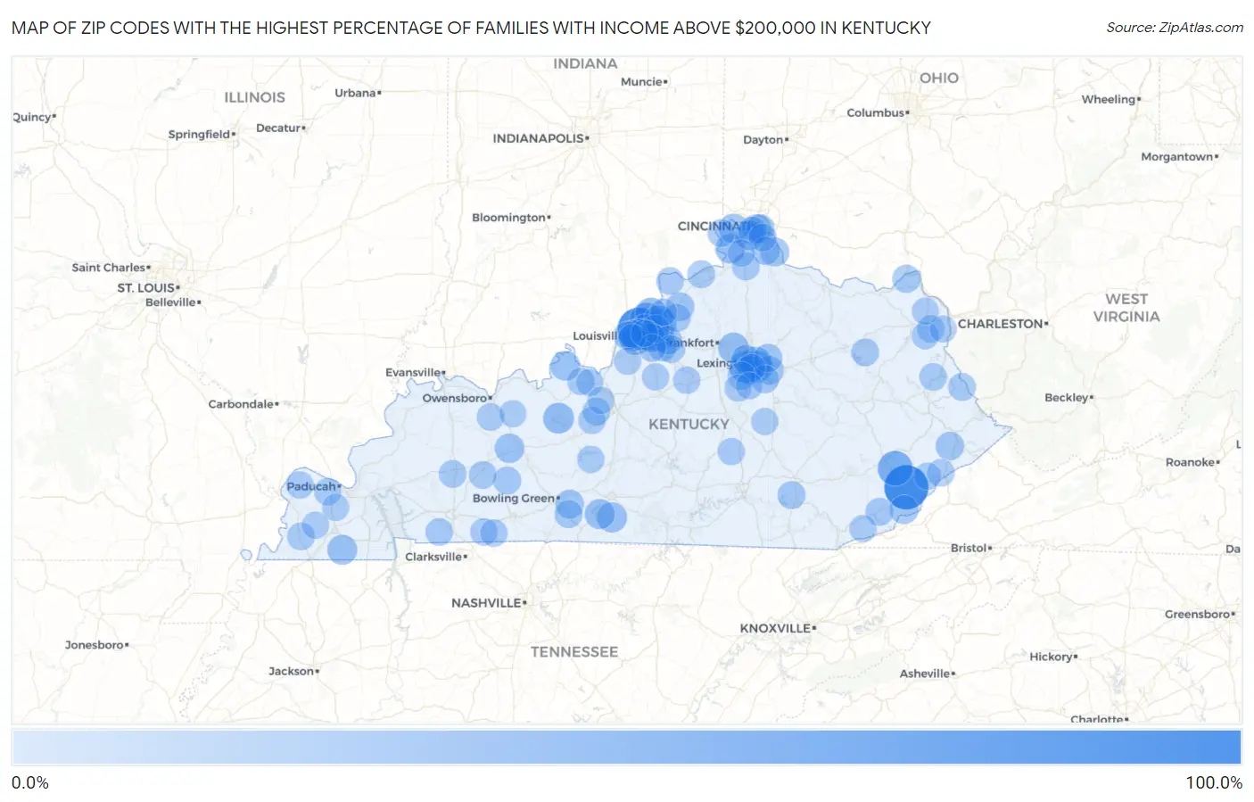Zip Codes with the Highest Percentage of Families with Income Above $200,000 in Kentucky Map