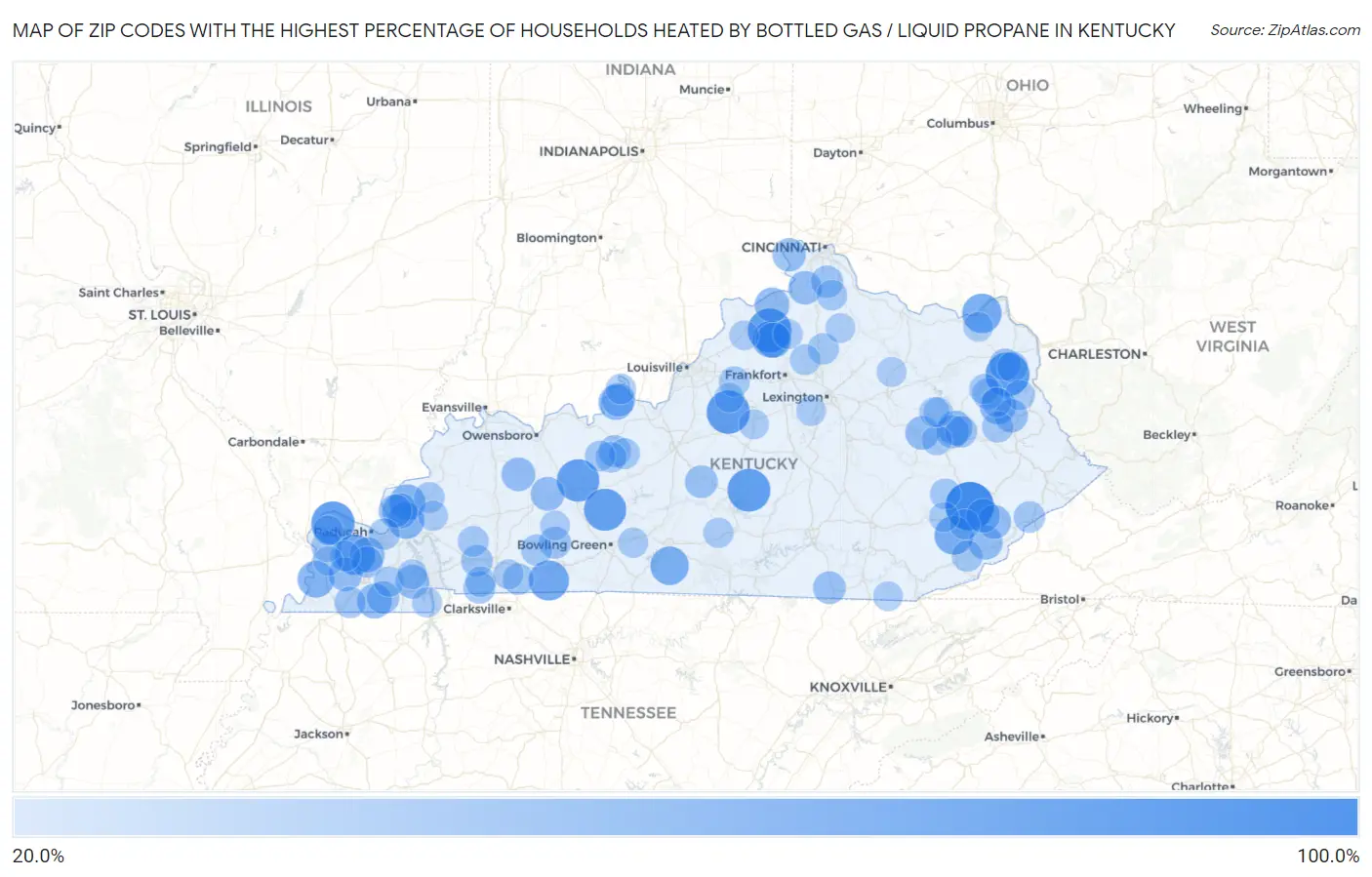 Zip Codes with the Highest Percentage of Households Heated by Bottled Gas / Liquid Propane in Kentucky Map