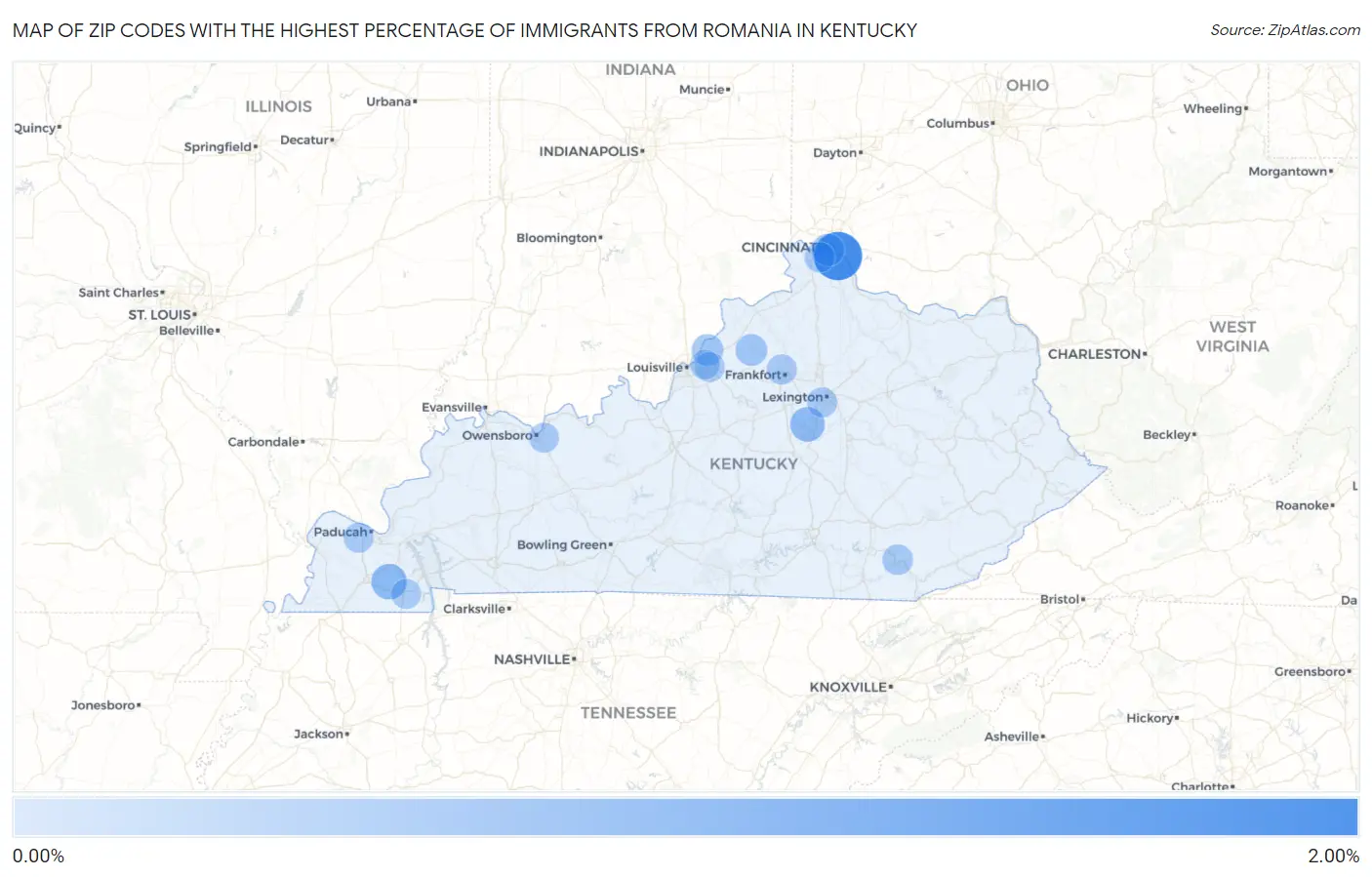 Zip Codes with the Highest Percentage of Immigrants from Romania in Kentucky Map