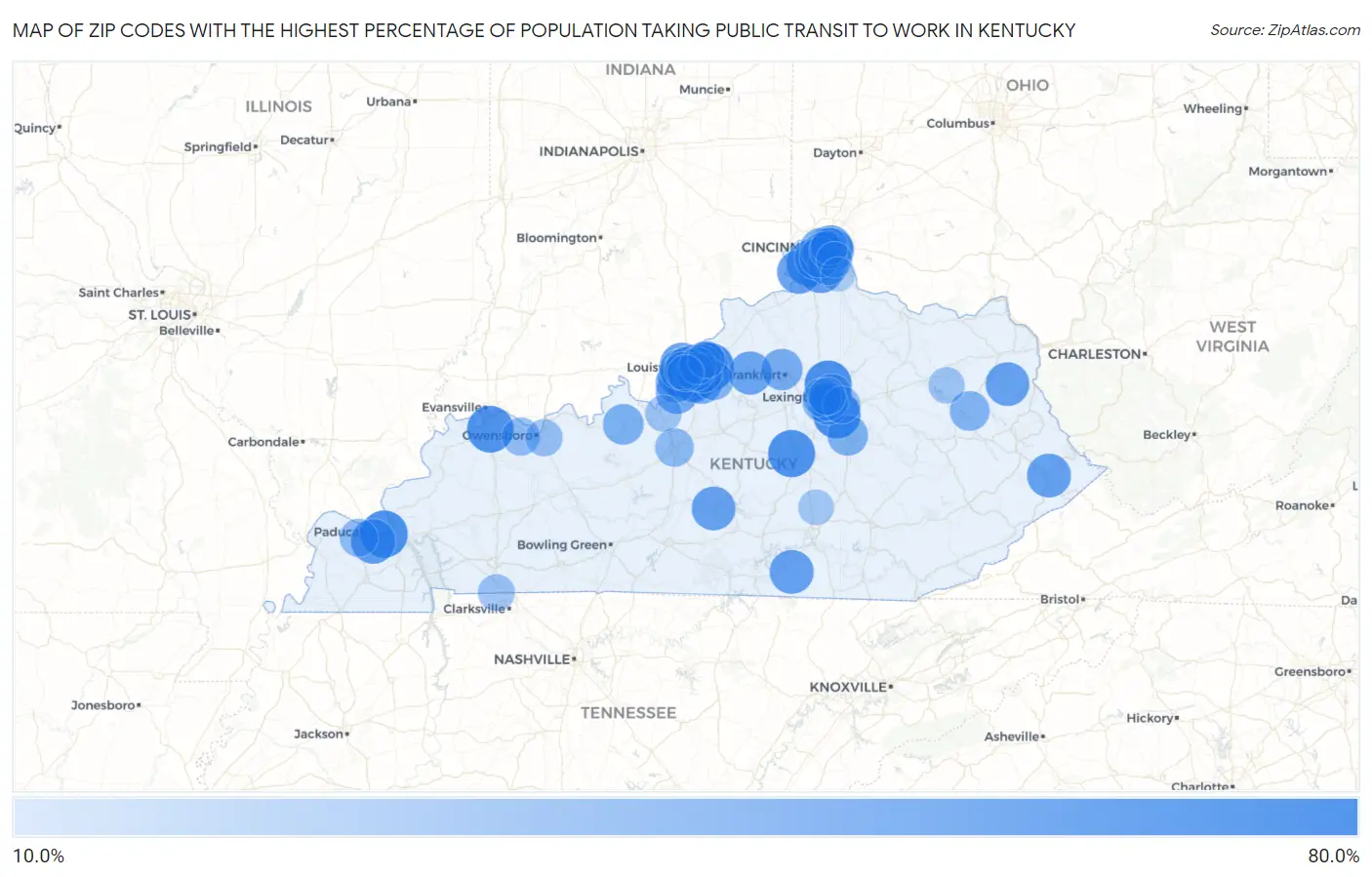 Zip Codes with the Highest Percentage of Population Taking Public Transit to Work in Kentucky Map