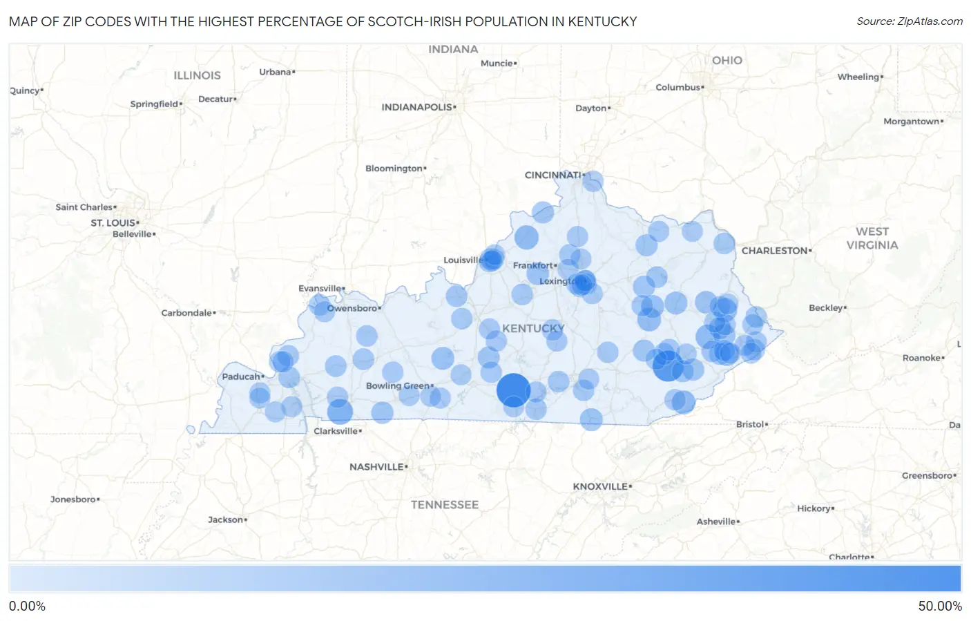 Zip Codes with the Highest Percentage of Scotch-Irish Population in Kentucky Map