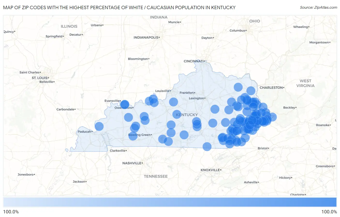 Zip Codes with the Highest Percentage of White / Caucasian Population in Kentucky Map