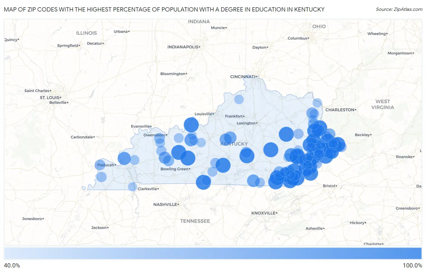 Zip Codes with the Highest Percentage of Population with a Degree in Education in Kentucky Map