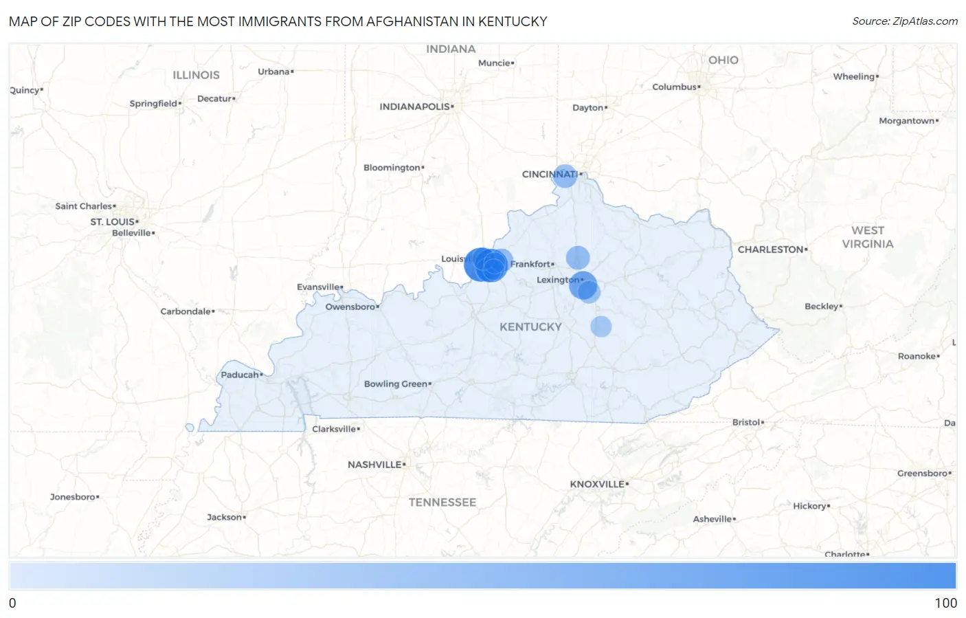 Zip Codes with the Most Immigrants from Afghanistan in Kentucky Map