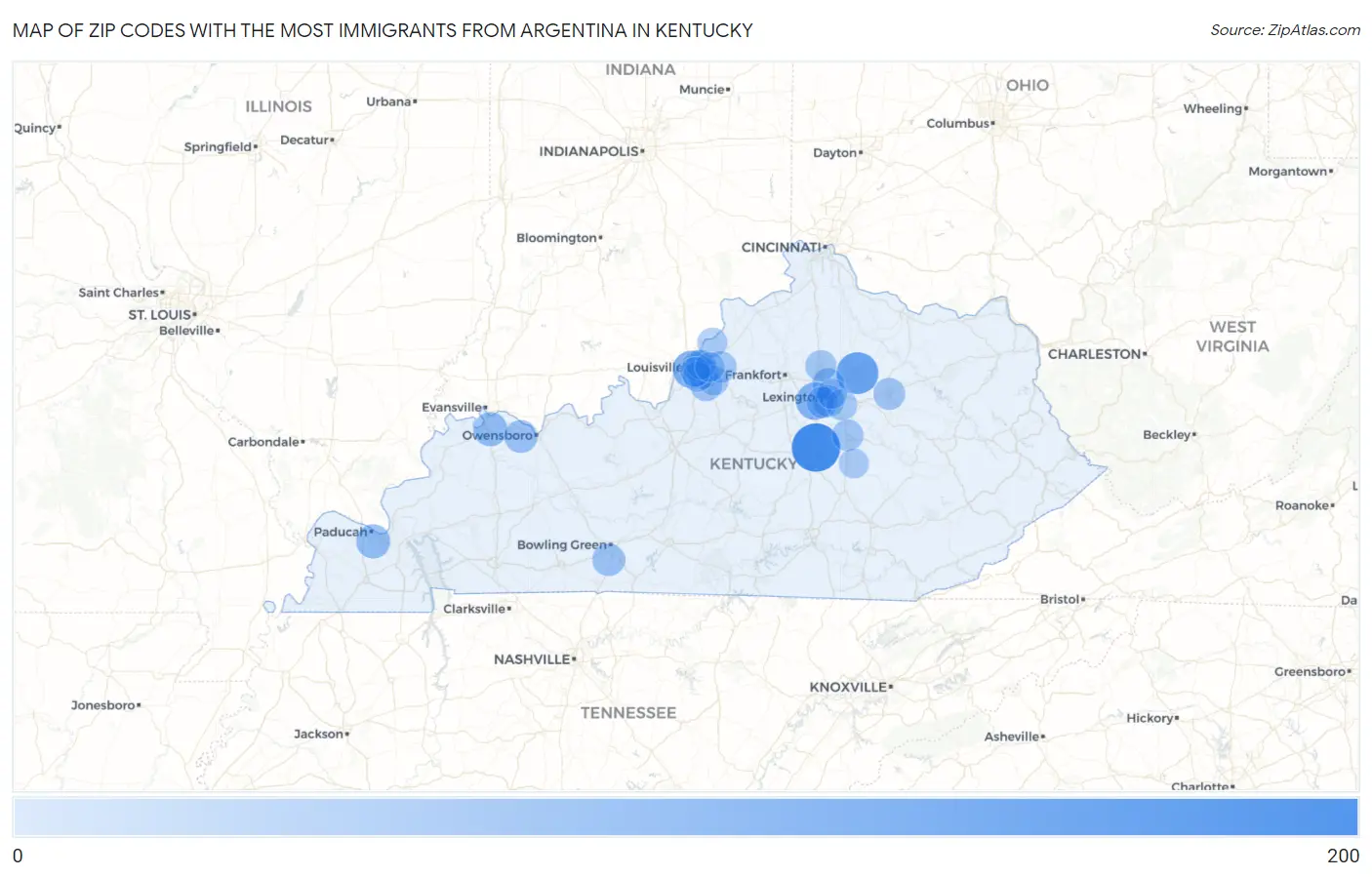 Zip Codes with the Most Immigrants from Argentina in Kentucky Map