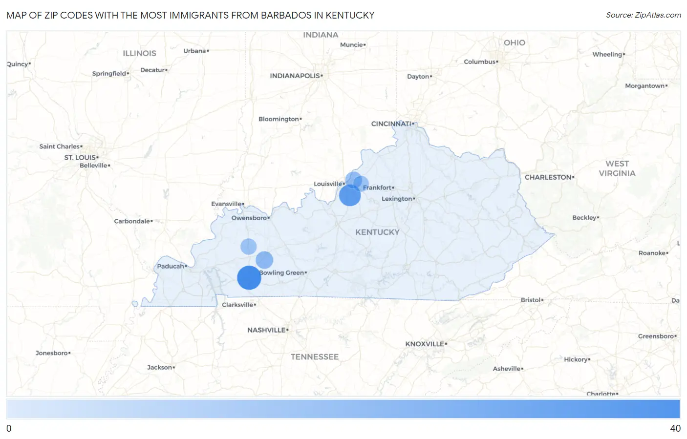 Zip Codes with the Most Immigrants from Barbados in Kentucky Map