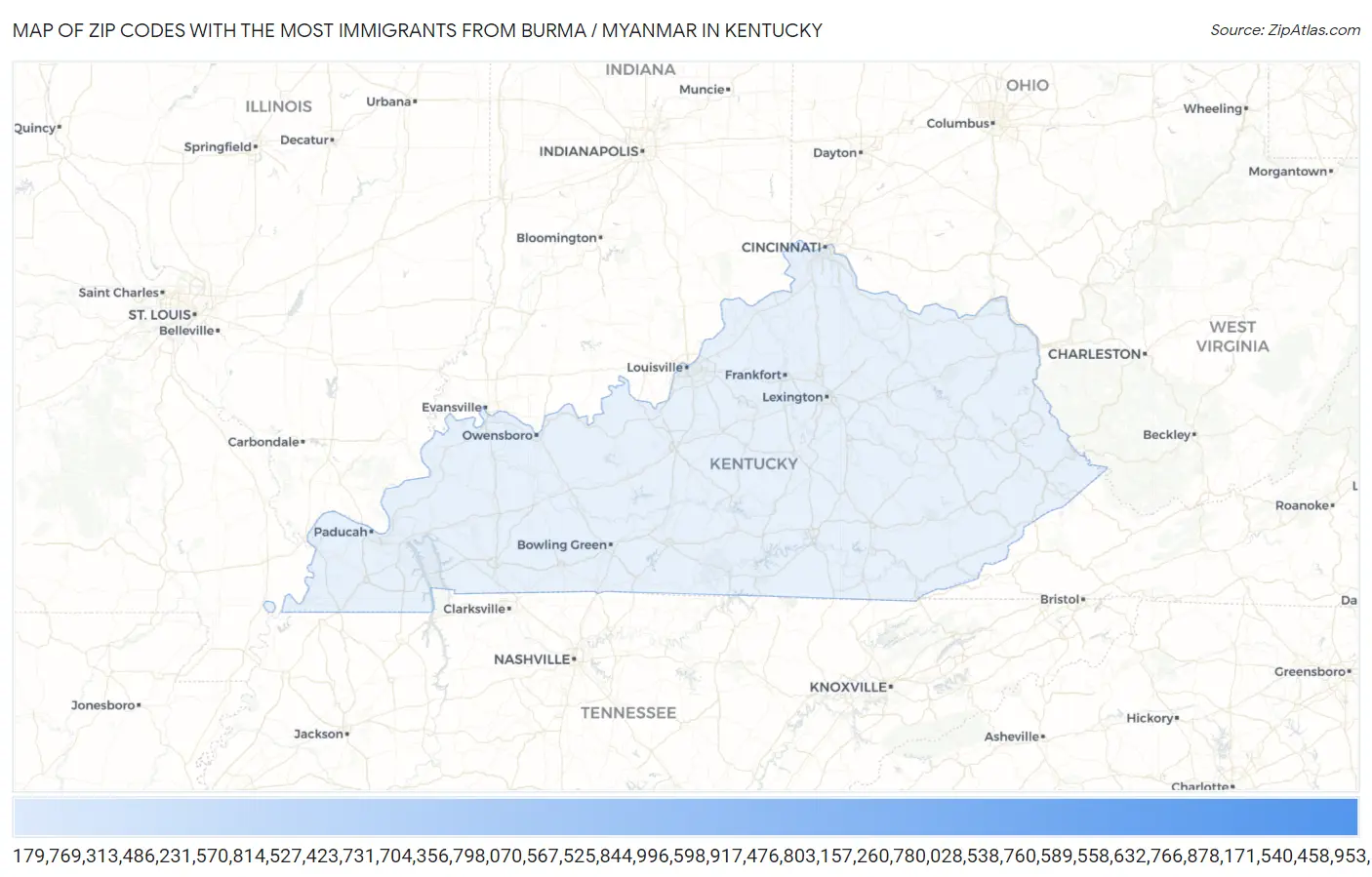Zip Codes with the Most Immigrants from Burma / Myanmar in Kentucky Map
