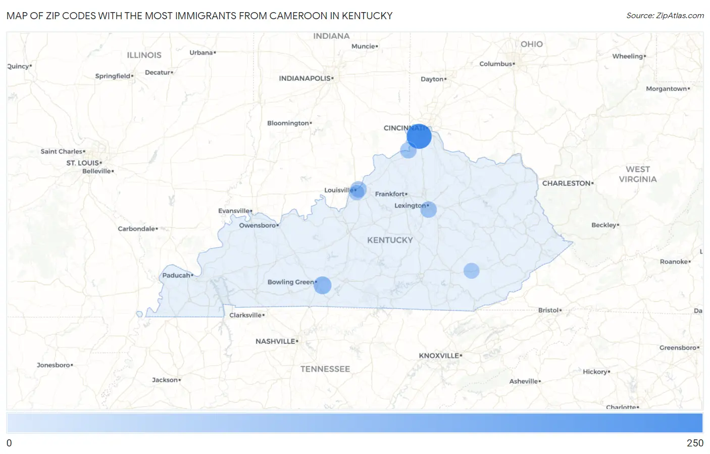 Zip Codes with the Most Immigrants from Cameroon in Kentucky Map