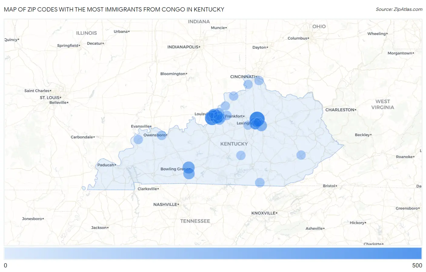 Zip Codes with the Most Immigrants from Congo in Kentucky Map