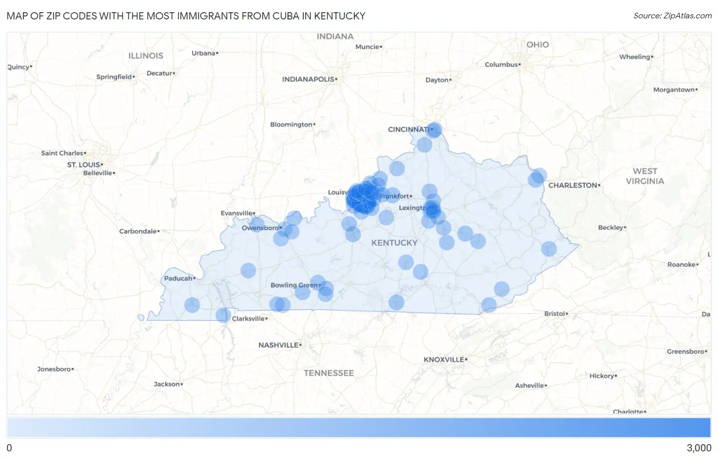 Zip Codes with the Most Immigrants from Cuba in Kentucky Map
