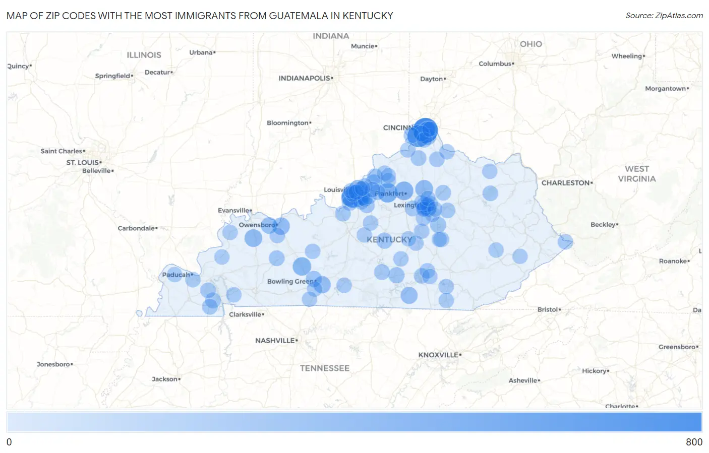 Zip Codes with the Most Immigrants from Guatemala in Kentucky Map