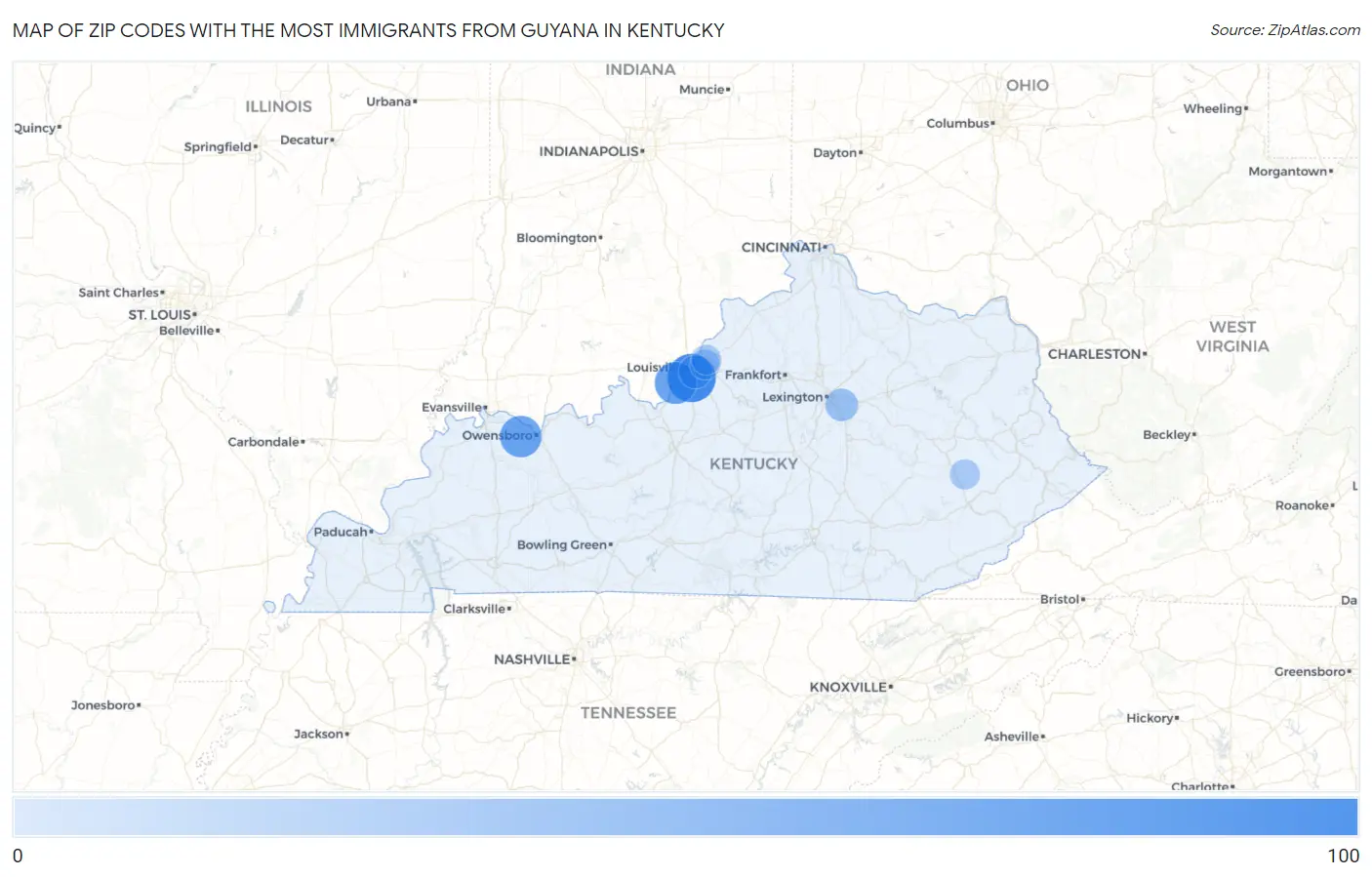 Zip Codes with the Most Immigrants from Guyana in Kentucky Map
