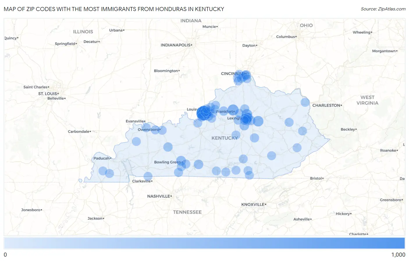 Zip Codes with the Most Immigrants from Honduras in Kentucky Map