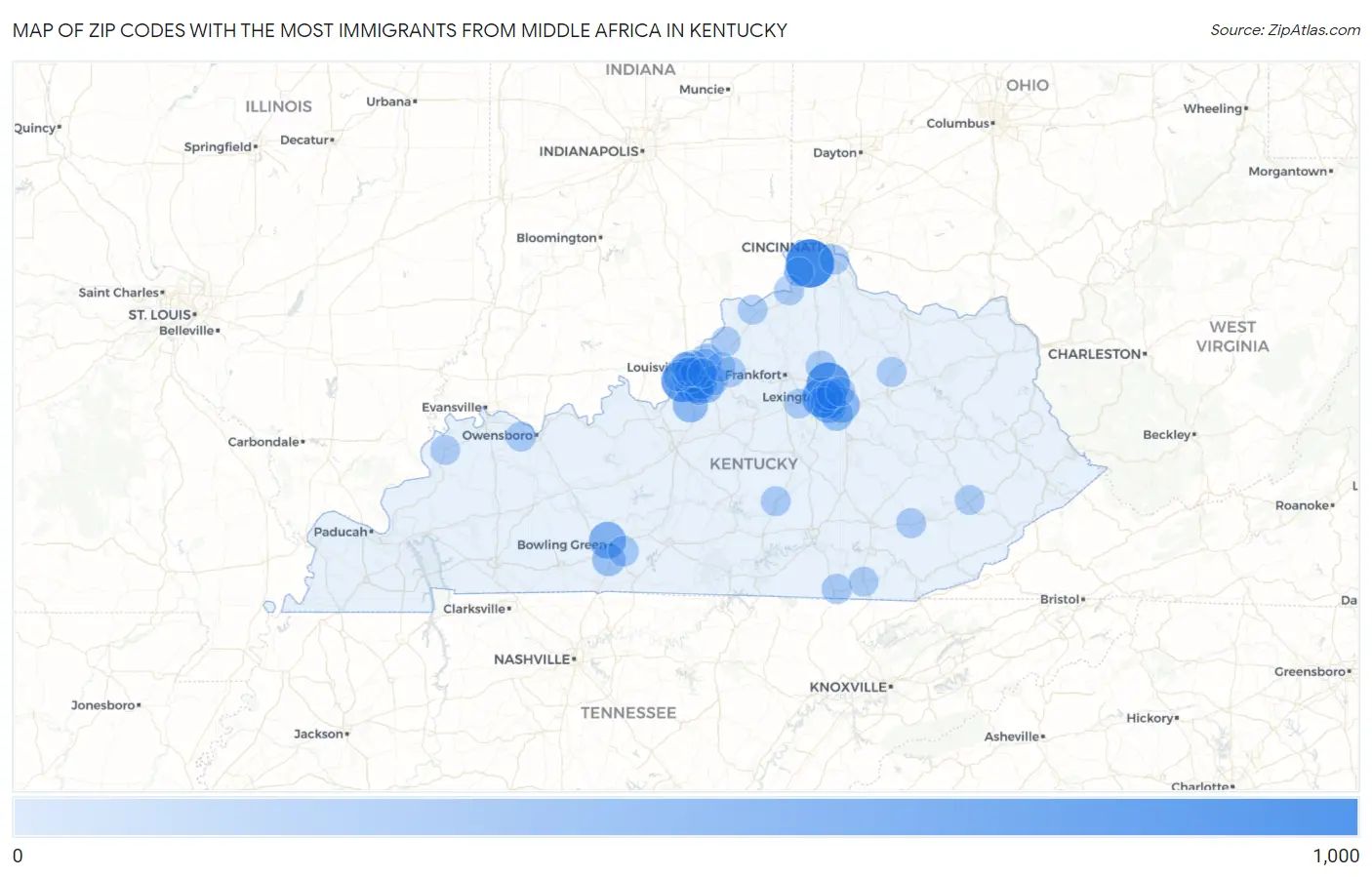 Zip Codes with the Most Immigrants from Middle Africa in Kentucky Map