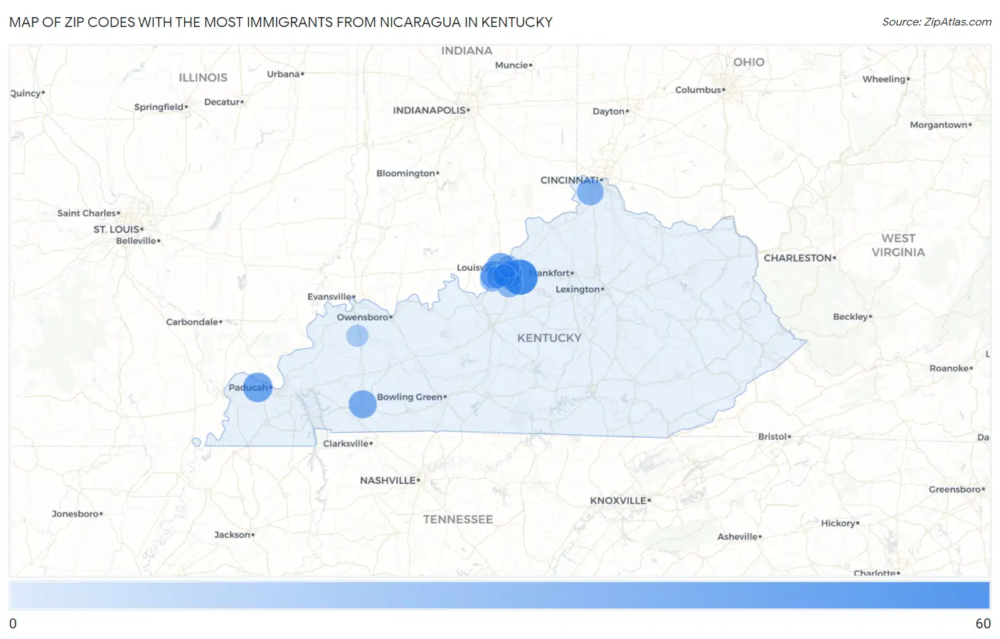 Zip Codes with the Most Immigrants from Nicaragua in Kentucky Map