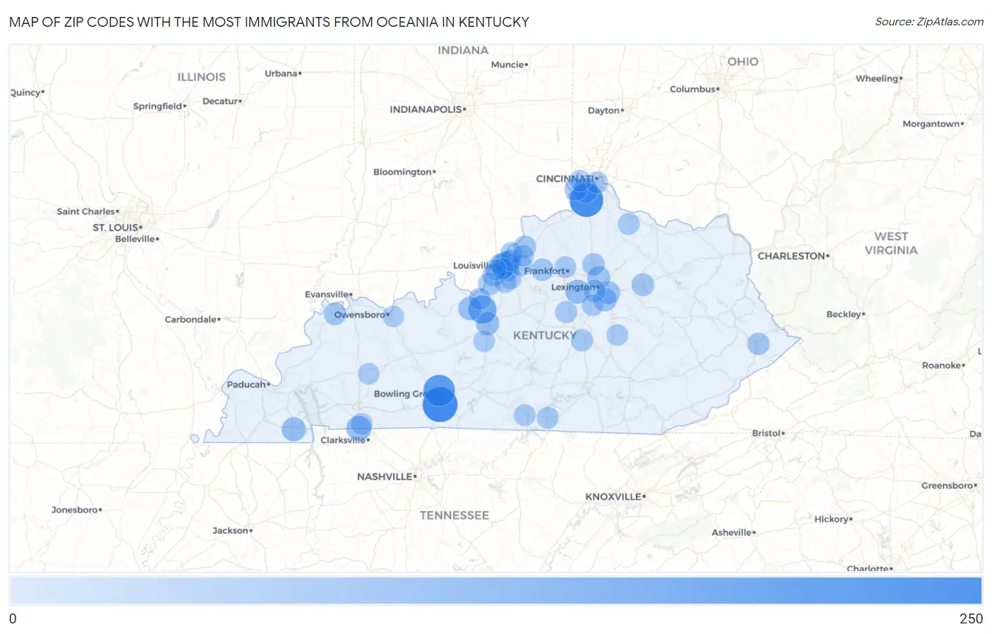Zip Codes with the Most Immigrants from Oceania in Kentucky Map
