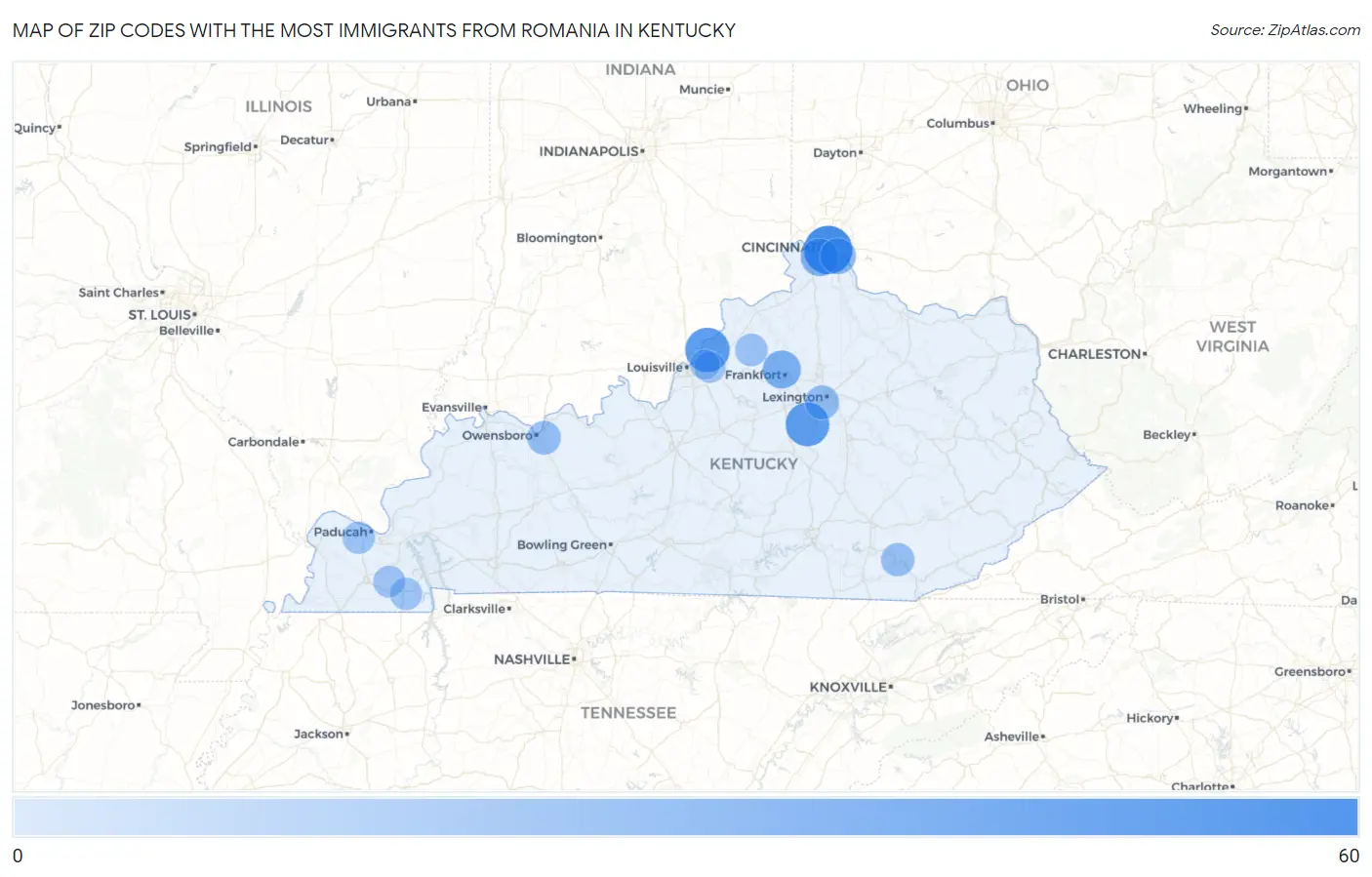 Zip Codes with the Most Immigrants from Romania in Kentucky Map