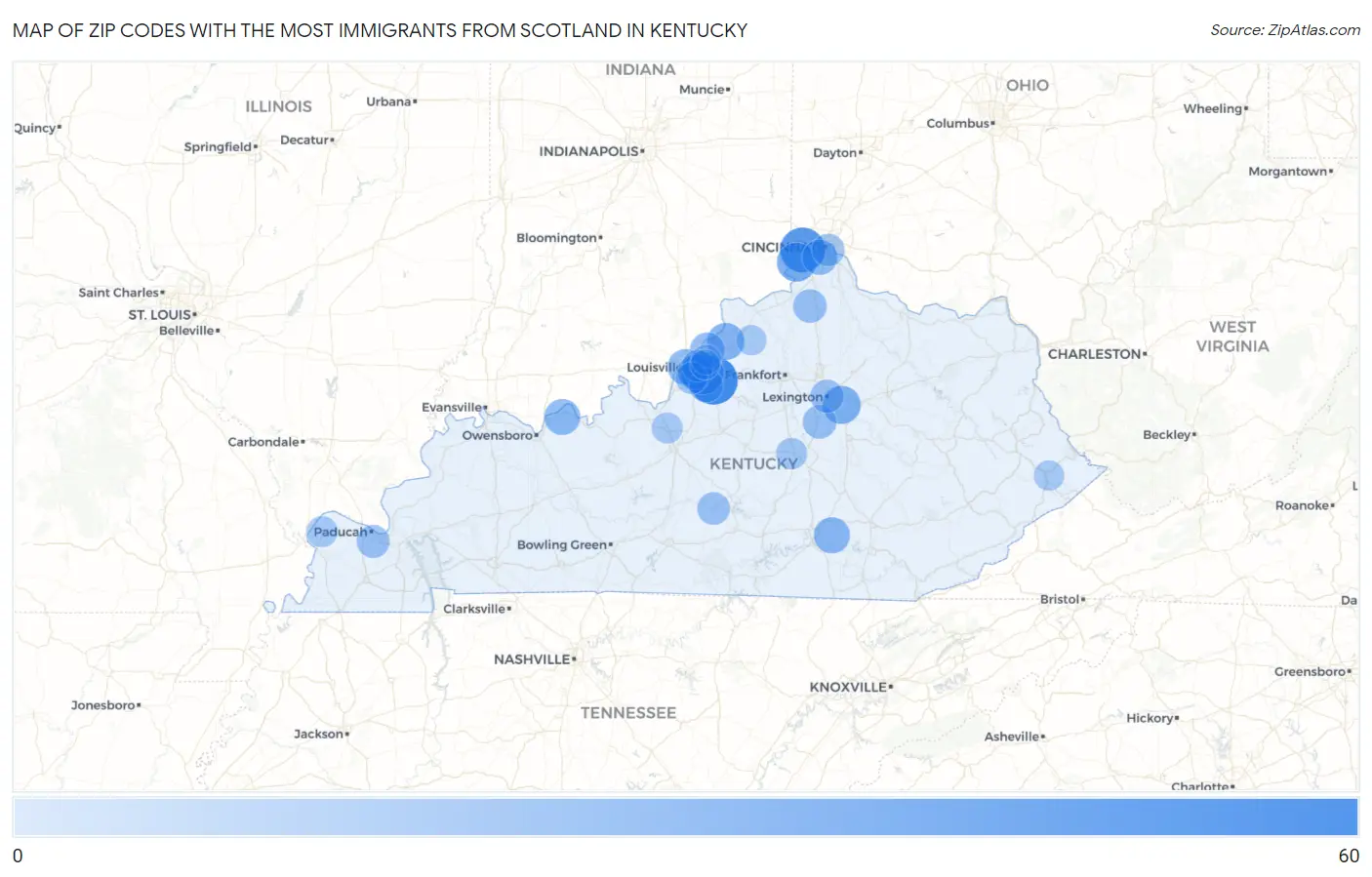 Zip Codes with the Most Immigrants from Scotland in Kentucky Map