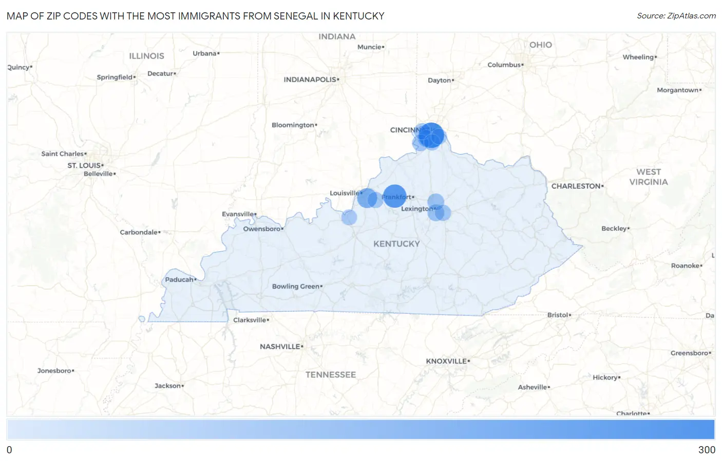 Zip Codes with the Most Immigrants from Senegal in Kentucky Map