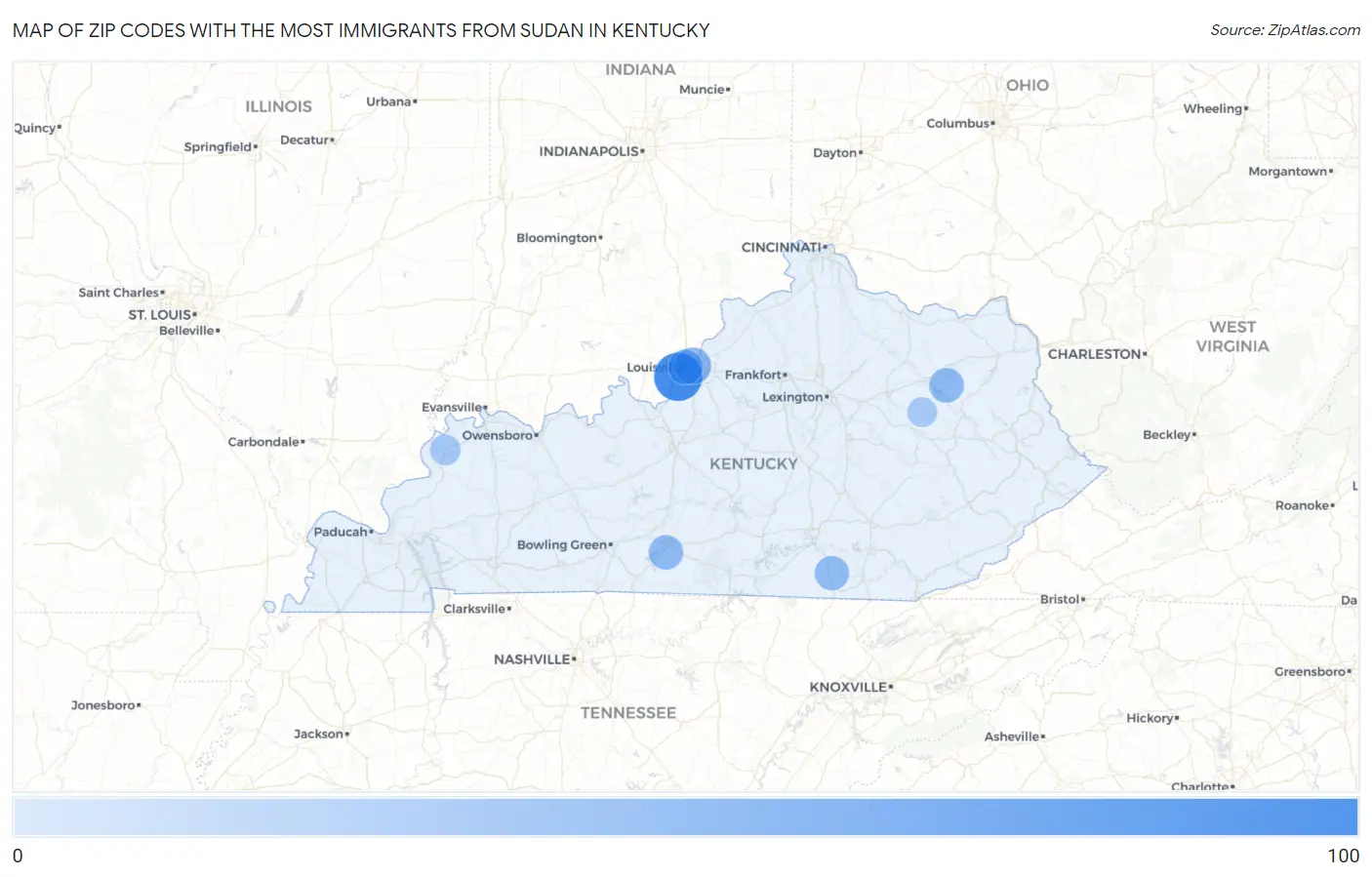 Zip Codes with the Most Immigrants from Sudan in Kentucky Map