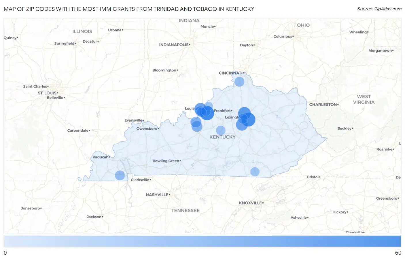 Zip Codes with the Most Immigrants from Trinidad and Tobago in Kentucky Map