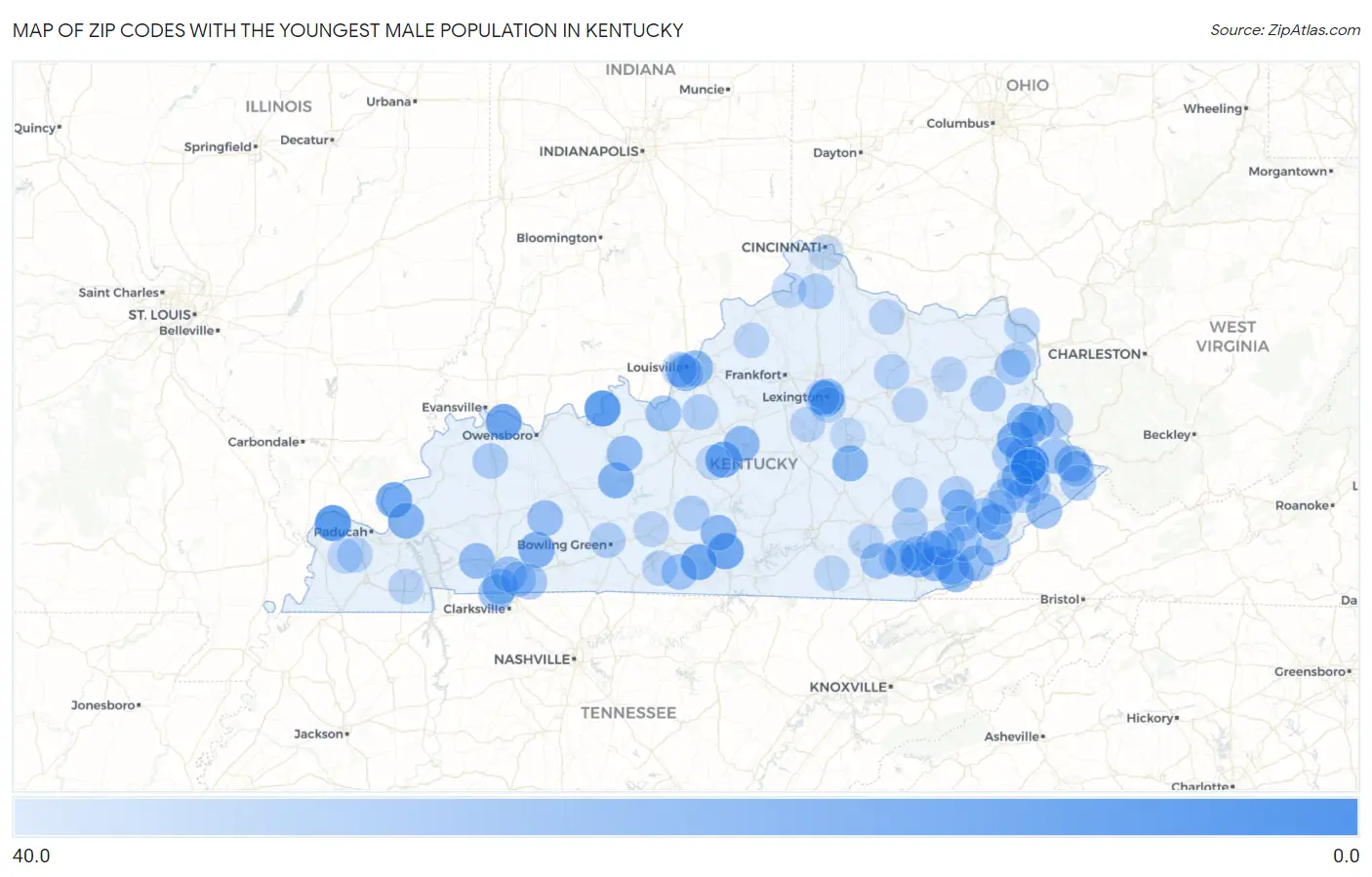 Zip Codes with the Youngest Male Population in Kentucky Map