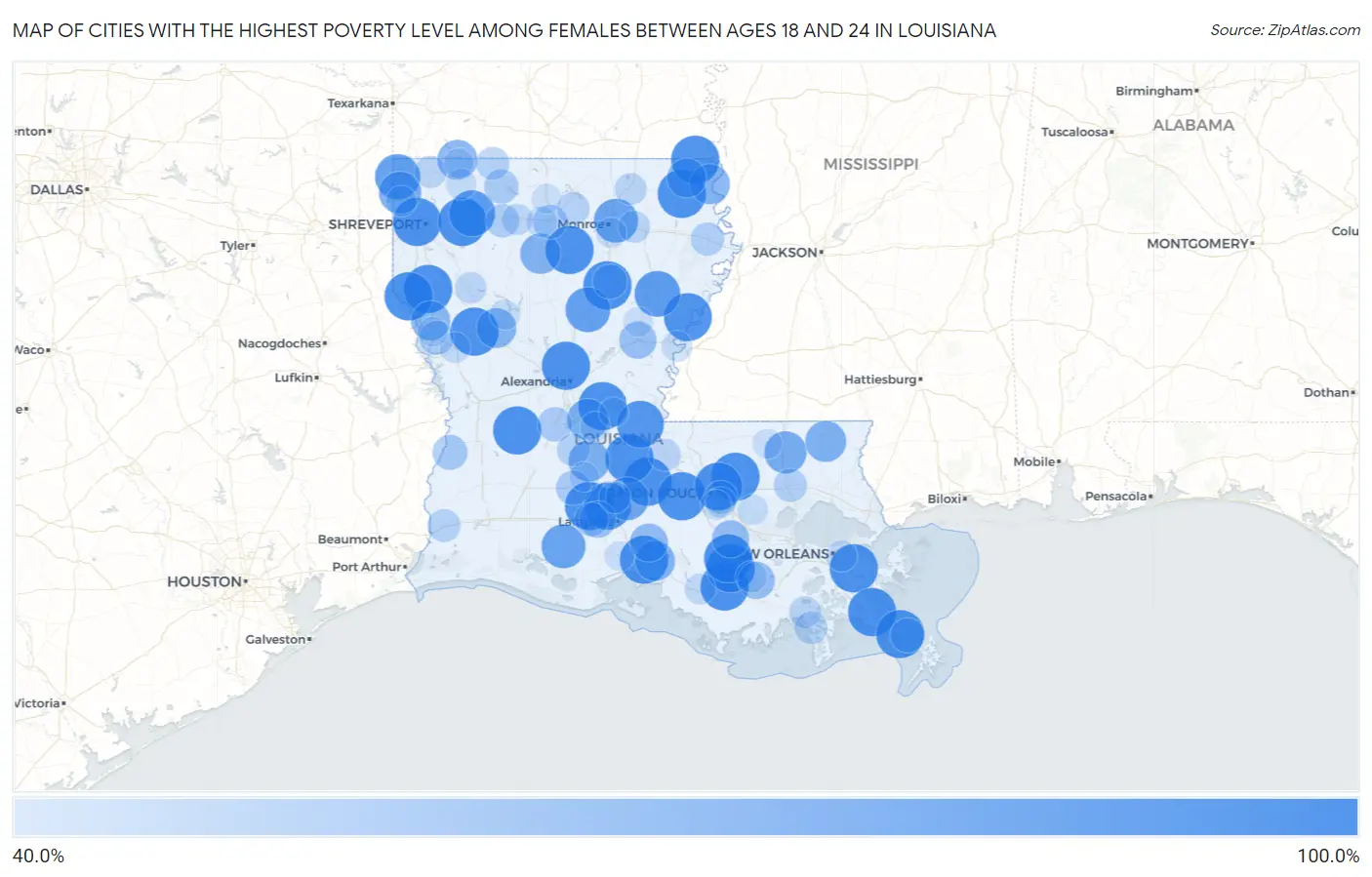 Cities with the Highest Poverty Level Among Females Between Ages 18 and 24 in Louisiana Map