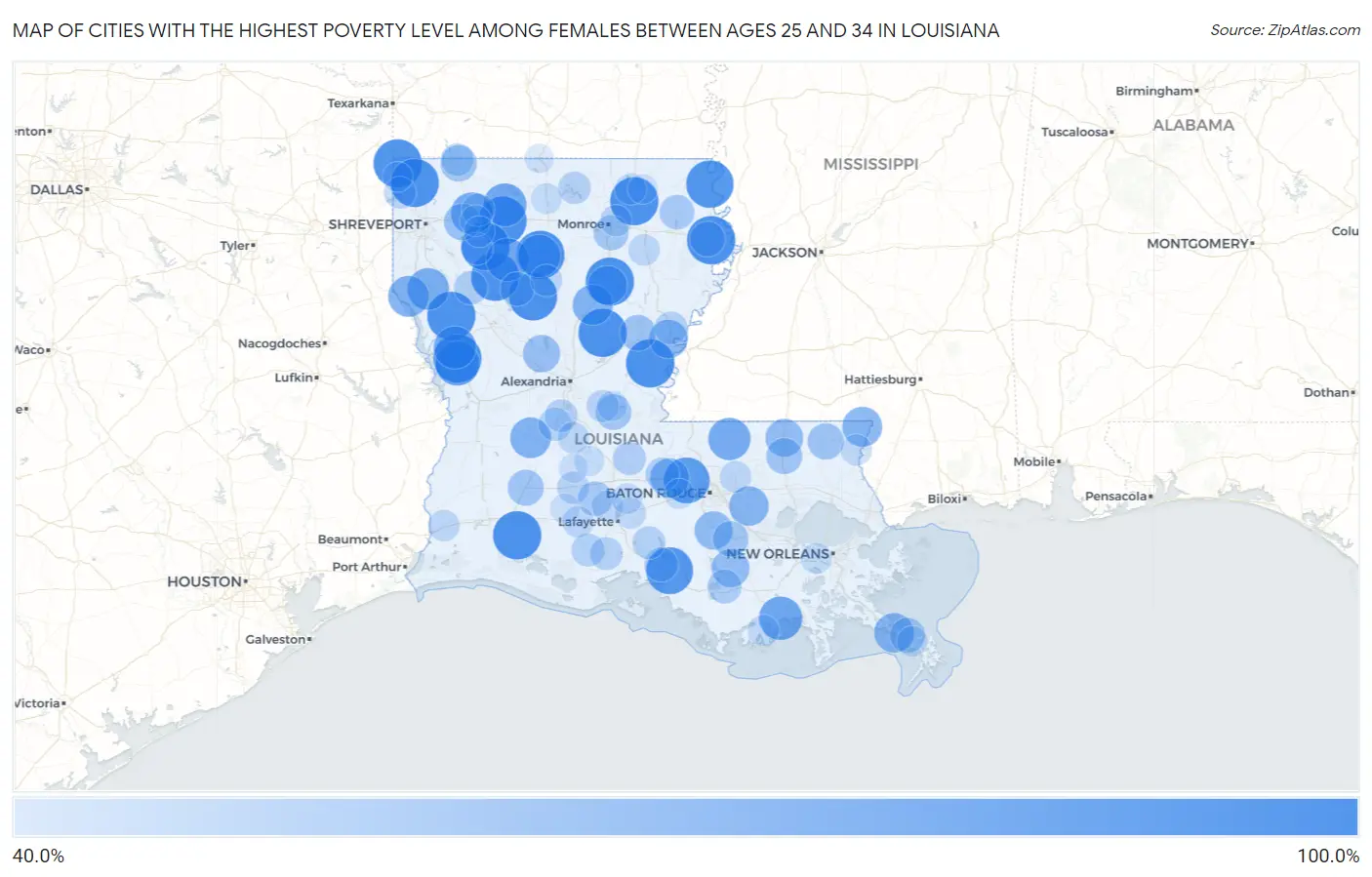 Cities with the Highest Poverty Level Among Females Between Ages 25 and 34 in Louisiana Map