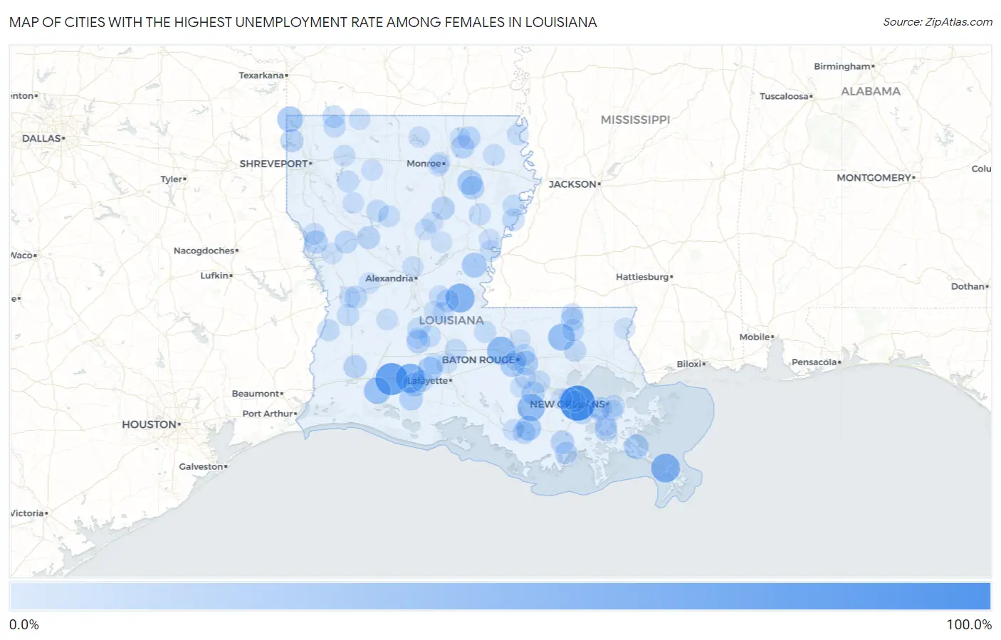 Cities with the Highest Unemployment Rate Among Females in Louisiana Map
