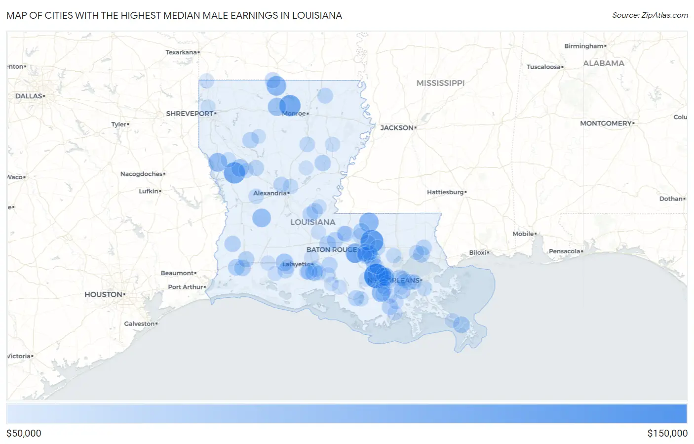 Cities with the Highest Median Male Earnings in Louisiana Map