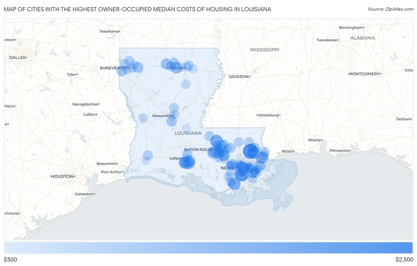 Cities with the Highest Owner-Occupied Median Costs of Housing in Louisiana Map