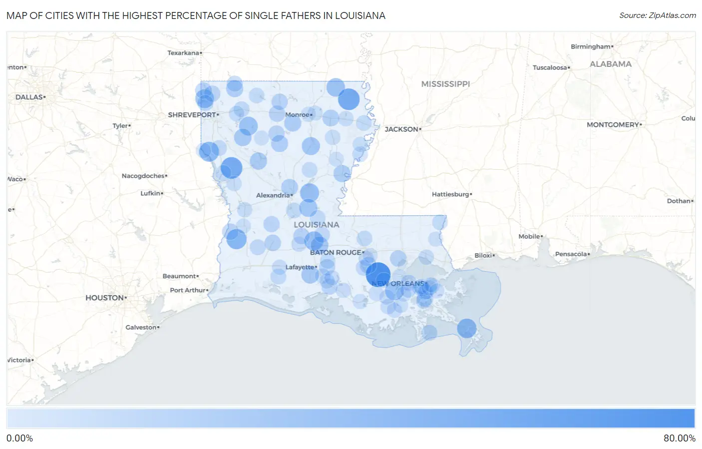 Cities with the Highest Percentage of Single Fathers in Louisiana Map
