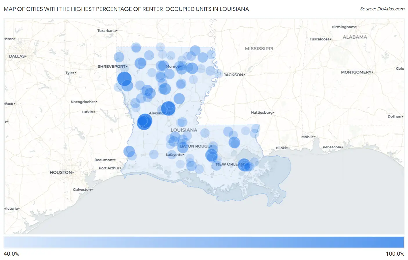 Cities with the Highest Percentage of Renter-Occupied Units in Louisiana Map