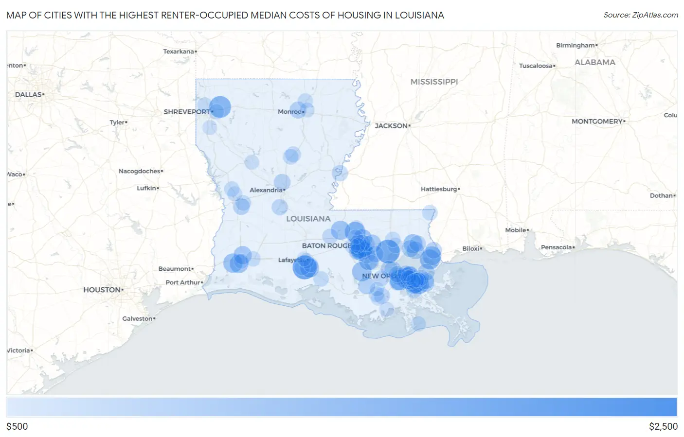 Cities with the Highest Renter-Occupied Median Costs of Housing in Louisiana Map