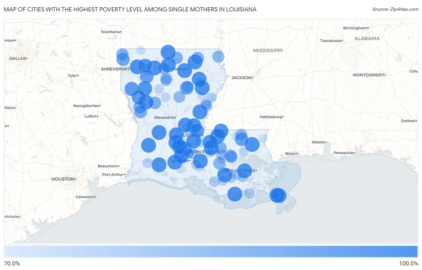 Cities with the Highest Poverty Level Among Single Mothers in Louisiana Map