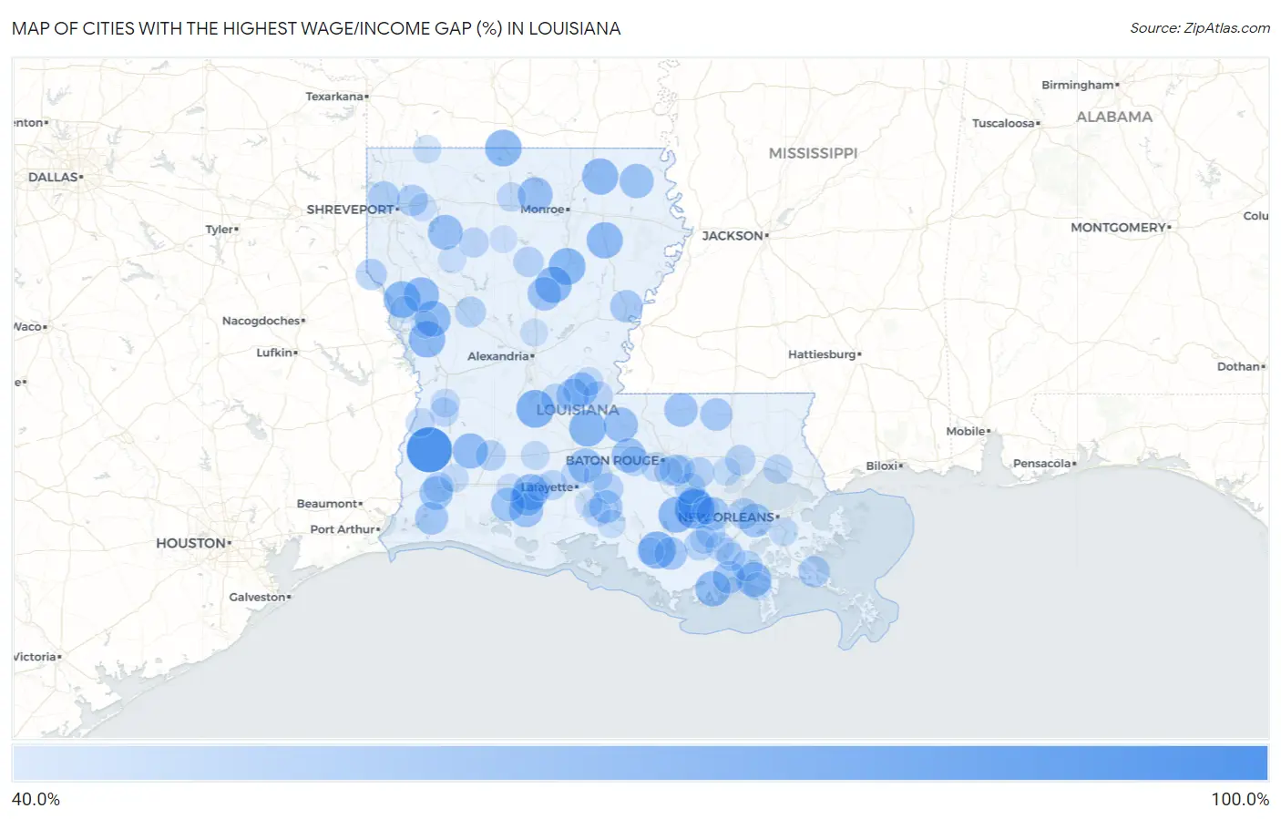 Cities with the Highest Wage/Income Gap (%) in Louisiana Map