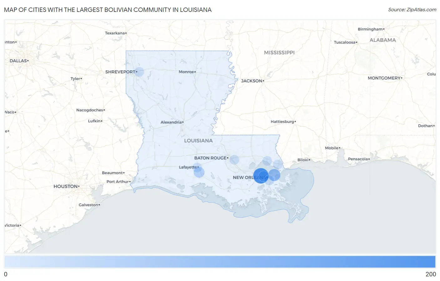 Cities with the Largest Bolivian Community in Louisiana Map