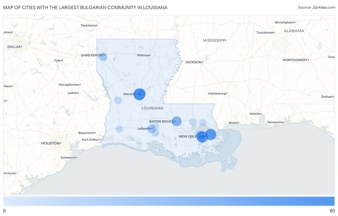 Cities with the Largest Bulgarian Community in Louisiana Map