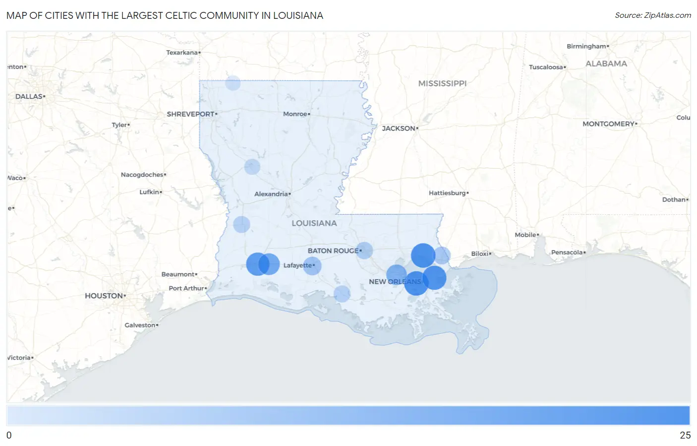 Cities with the Largest Celtic Community in Louisiana Map